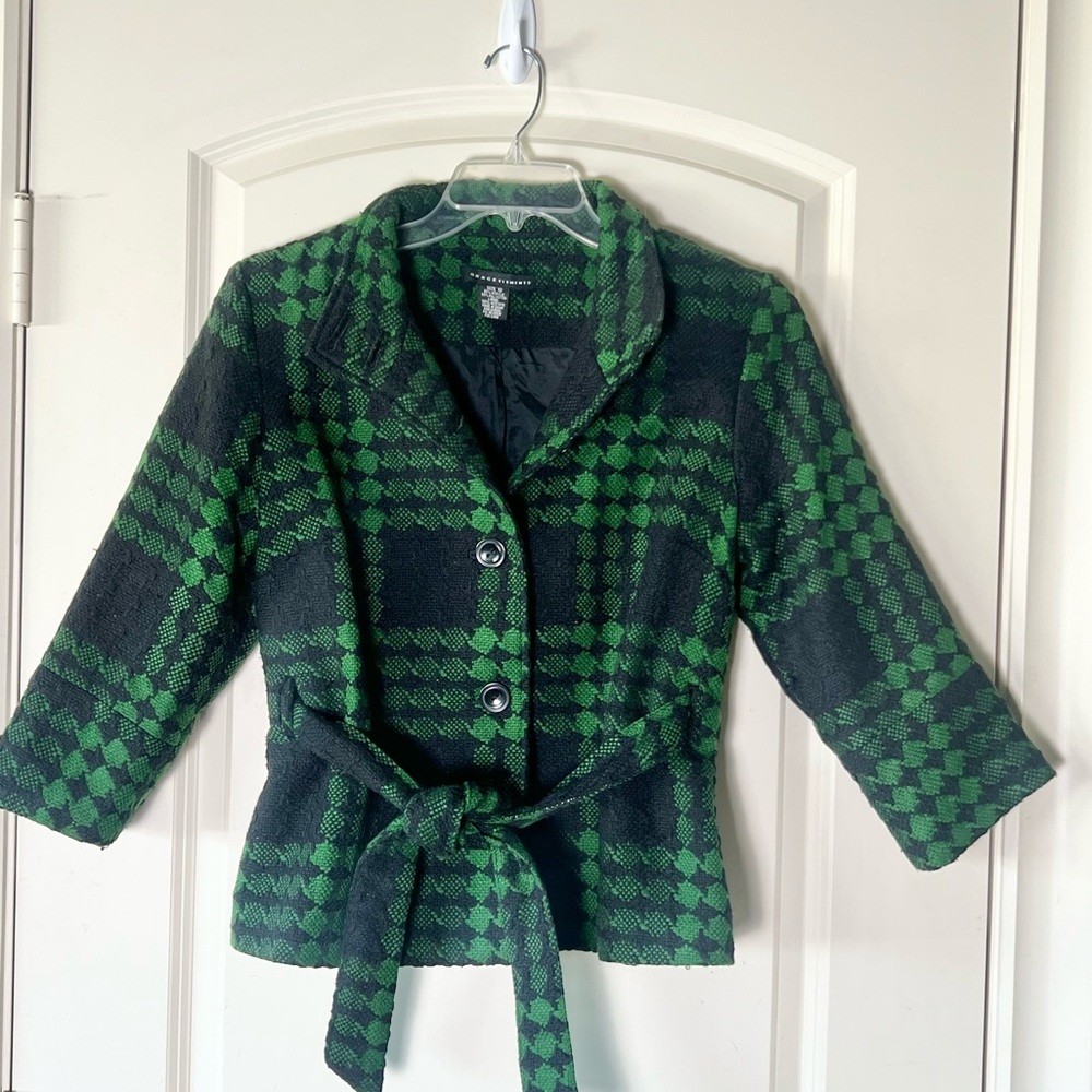 Grace Elements Green Black Houndstooth Tweed Cropped Jacket Belted Blazer Sz 10